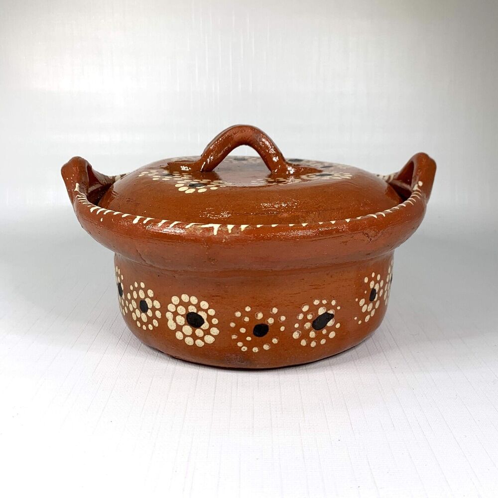 Primitive Covered Dish Tonala Terracotta Lid Hand Painted Mexico Rustic Vintage